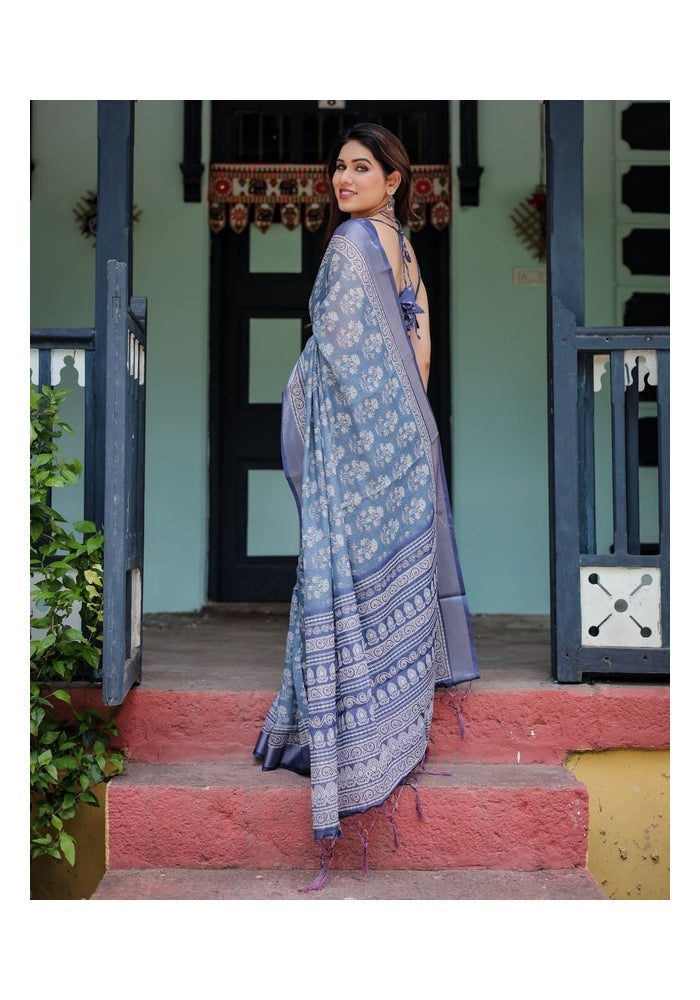 Malishka Export Floral Blue Linen Cotton Saree for Women - Image 2